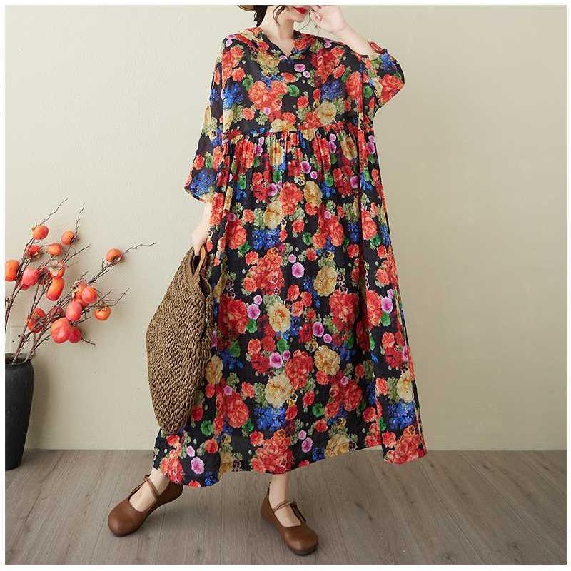 Ladies' Retro Niche Cloud Brocade Yarn Cotton Linen Hooded Printed Dress