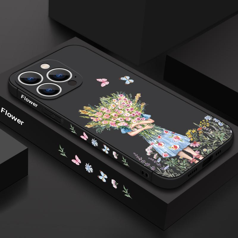 Luxury Girl Flower Lanyard Case For iPhone 15 16 17 Pro Max Soft Silicone Cover Coque For iPhone 11 12 13 14 Pro Max 16E 17 Air