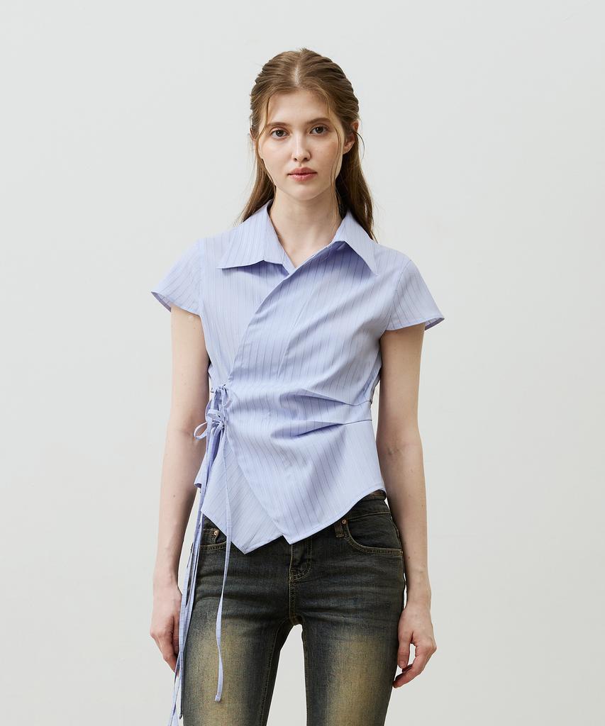 Alikim Eve Stripe Wrap Cap Sleeve Shirt / Sky Blue