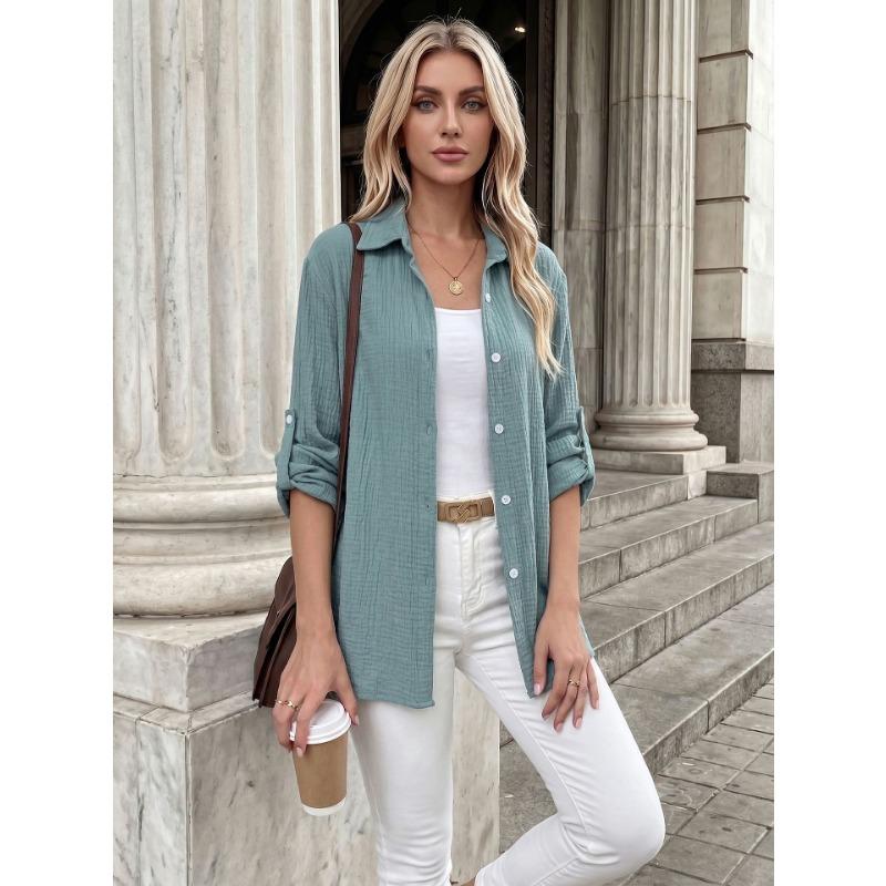 Womens Casual Button Up Long Sleeve Roll Tab Sleeve Shirt
