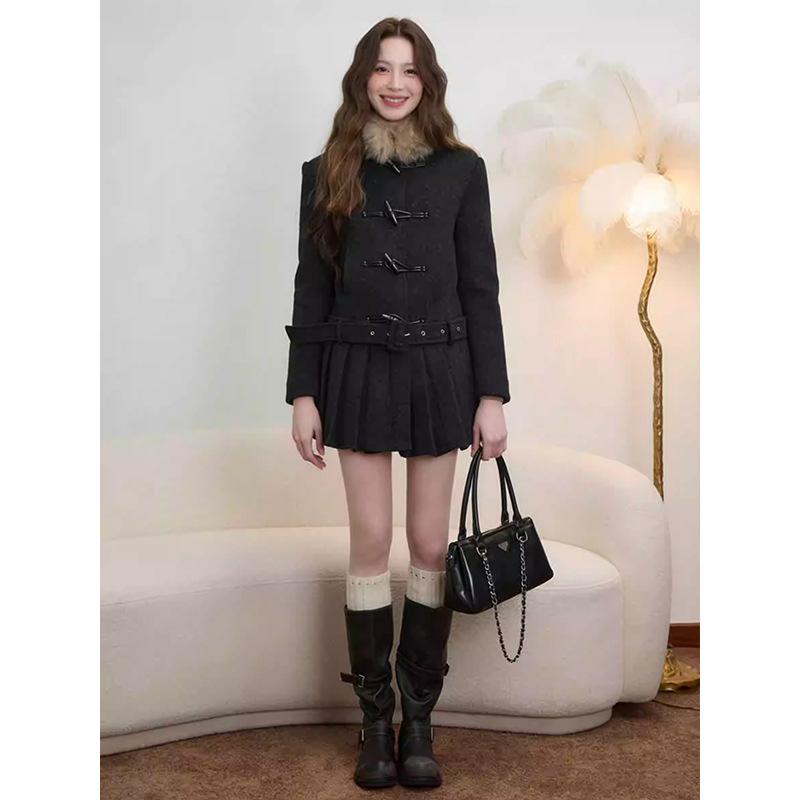 Spring Korean Slim Double-Breasted Top & Wool Skirt Set