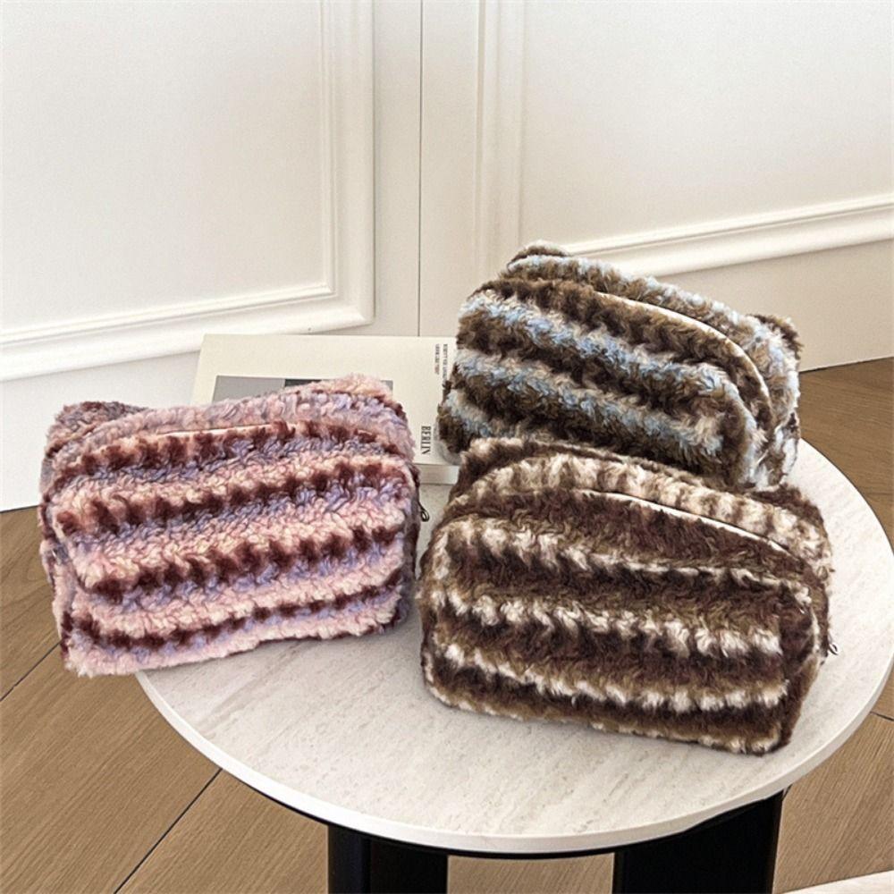 Large Capacity Plush Striped Makeup Bag Vintage Make Up Organizer Women's Cosmetic Bag  Daily Use