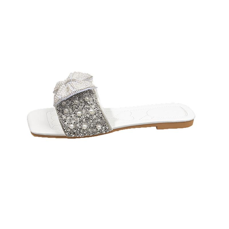 Fashion Chic Pearl - Rhinestone Bow Slides | Glamorous & Eye - Catching, Perfect for Party & Fashion Looks