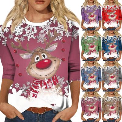 Women's Fashion Casual Round Neck 3/4 Sleeve Loose  Printed T-Shirt Ladies Top