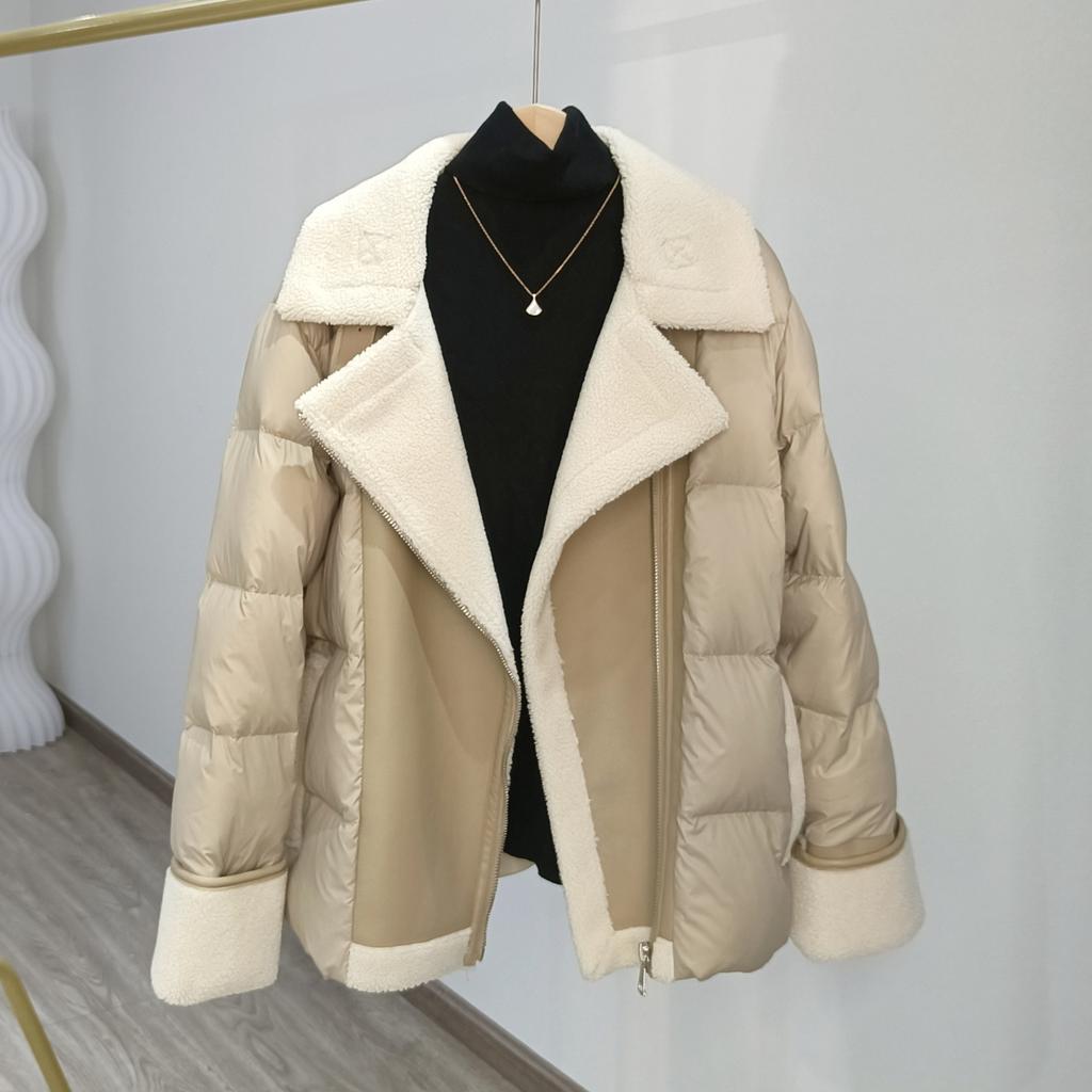 Winter fashion lamb wool splicing short suit collar white duck down jacket women's thickened coat tide