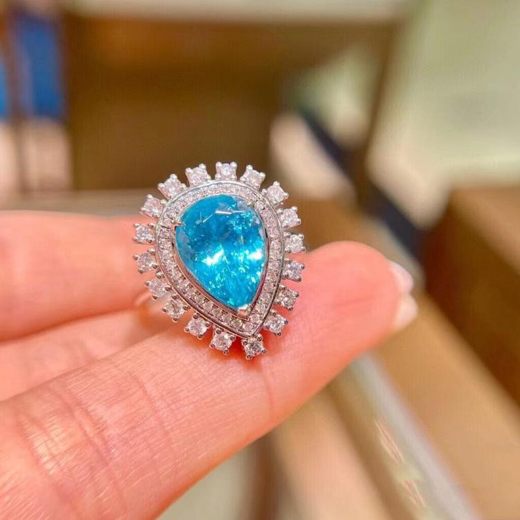 

High carbon Diamond Ring Pendant Earrings Brazilian Lake Blue Paraíba Set No. 6
