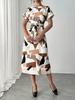 European Women's Fashion V-Neck Square Print Midi Dress