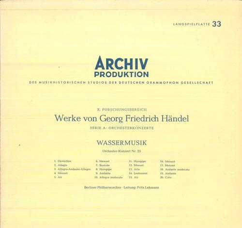 LP Record FRITZ LEHMANN, BERLINER PHILHARMONI - Handel Wassermusik 14006 ARCHIV PRODUKTI Germany Classical Used