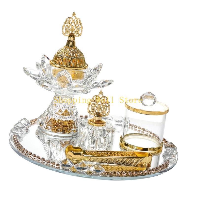 KX4B Glass Incenses Holder Set Arabic Decors Mirrored Serving Tray Storage Jar Meditations Tool For Ramadans Celebration bianco