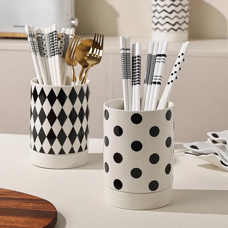 Creative Geometric Pattern Chopstick Holder Ceramic Knife Fork Spoon Storage Rack Drain Storage Jar Household Storage Tools