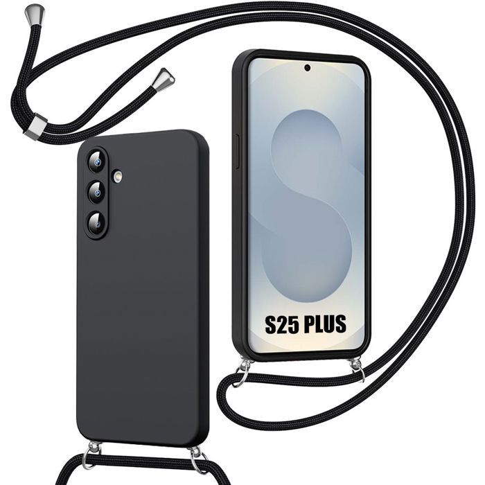 Coque pour Samsung Galaxy S25 Plus (S25+) Silicone Antichoc Anti-Rayures avec Cordon - Noir