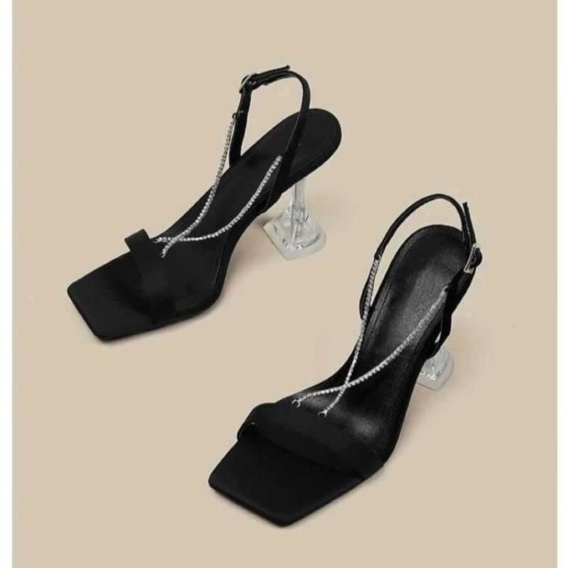 Fashion New Style Popular Sexy Shallow High Heel Sandals Women Summer Pointed Toe Metal Chain Shoes Fashion Buckle Strap Party Sewing