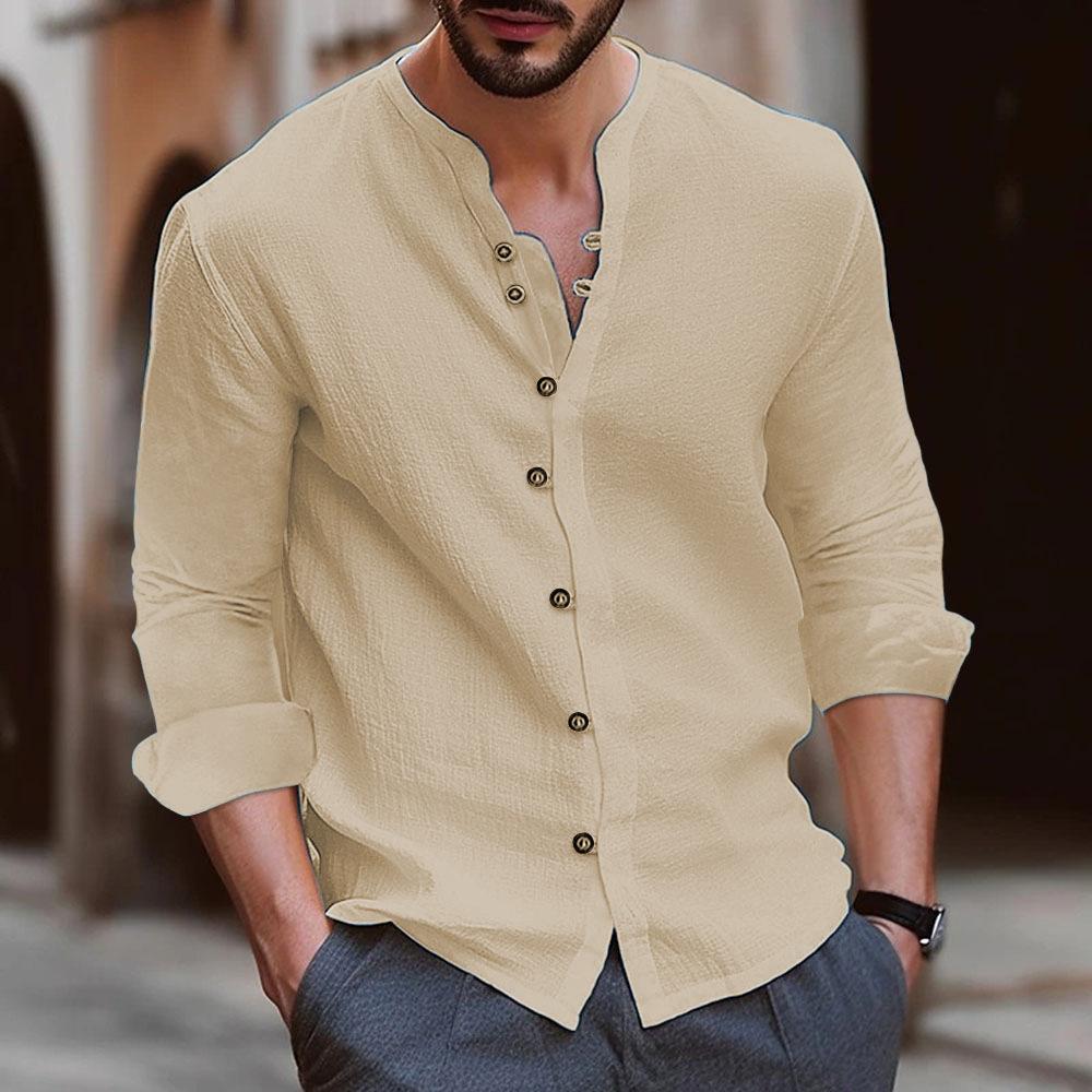 Men's Casual Stand Up Collar Solid Color Long Sleeved Shirt