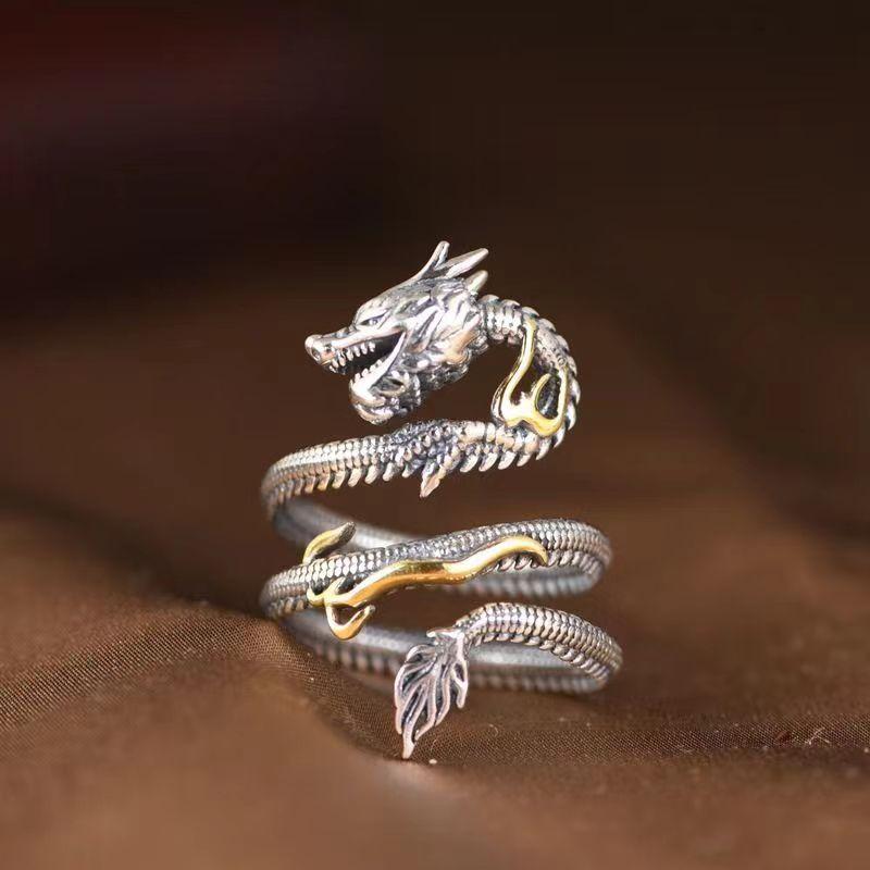 Buyee 925 Sterling Silver Unique Big Ring Elegant Chinese Dragon Open Ring Finger for Men Women Rock Punk Fine Jewelry Circle