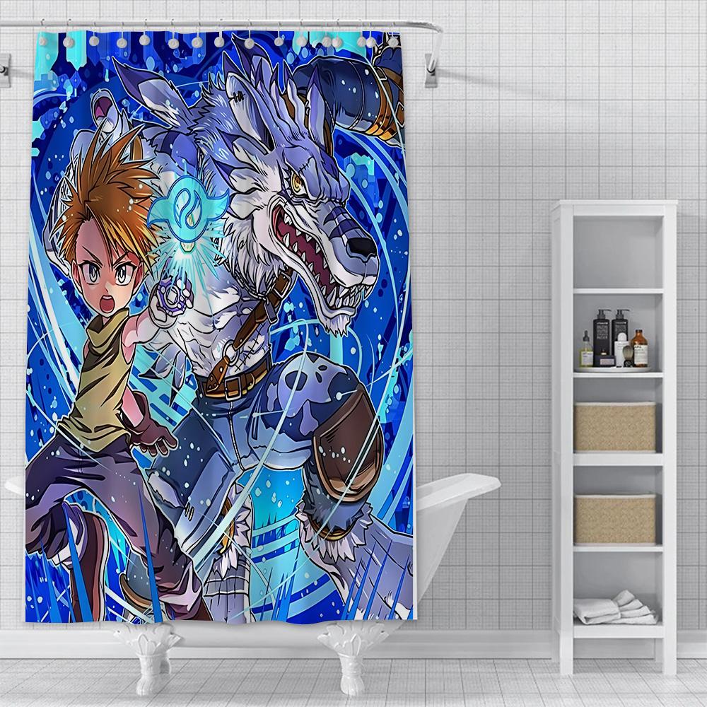 Shower Curtain Waterproof Polyester Fabric Paint Colorful Curtains Cute Digimon Playmats Greymons Home Bathroom Decor  With Hook