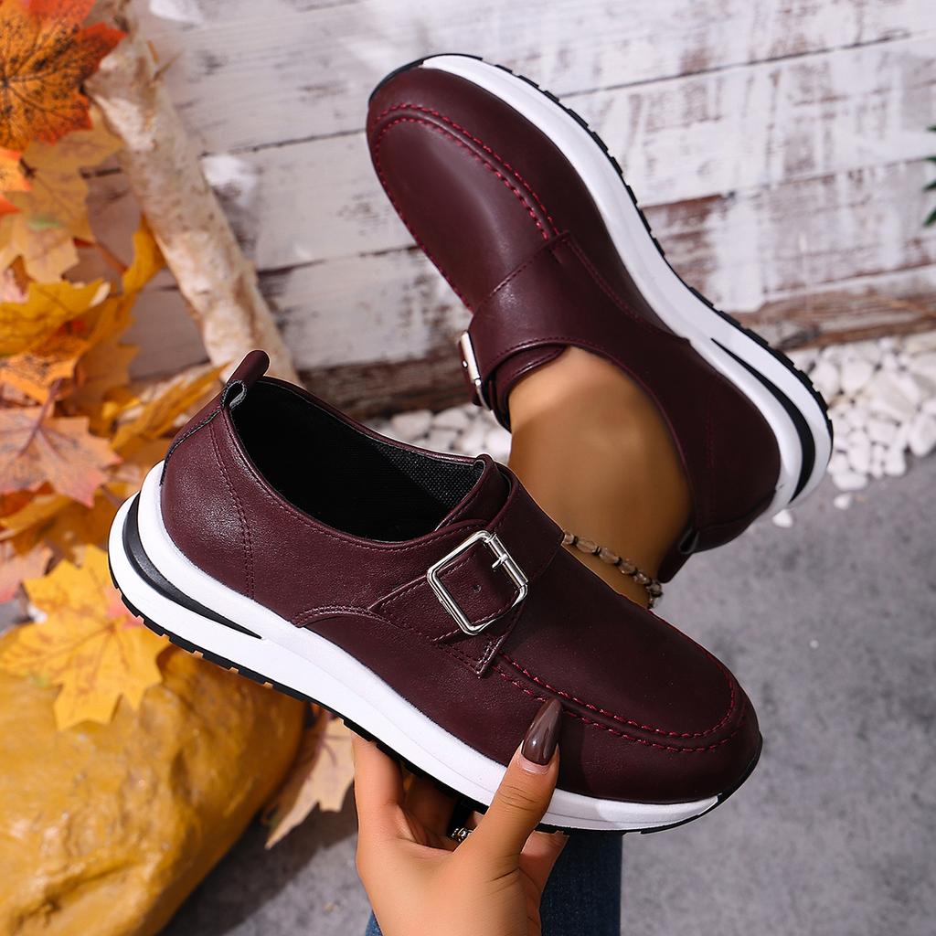 Autumn New Plus-Size Casual Shoes for Women, Chunky Heel, Thick Sole, Slip-On, Non-Slip, Burgundy Loafers