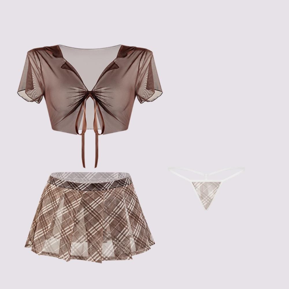 Sexy Schoolgirl JK Costume 3-Piece Sheer Lingerie Pleated Micro Skirt Cosplay Temptation Suit