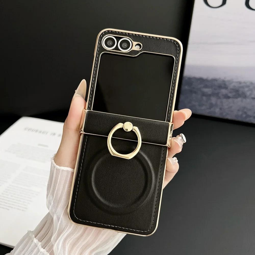 Custodia Magnetica con Supporto ad Anello in Pelle di Lusso per Galaxy Z Flip7 Flip 7 6 5 4 3 Copertura Protettiva per Cerniera con Supporto per Samsung Zflip7FE
