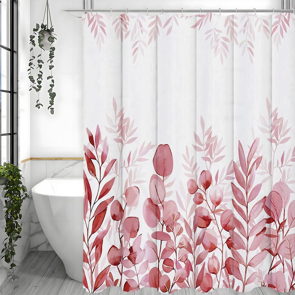 Red Eucalyptus Leaf Shower Curtain, Bathroom Decorative Shower Curtain, Waterproof Shower Curtain with Hooks