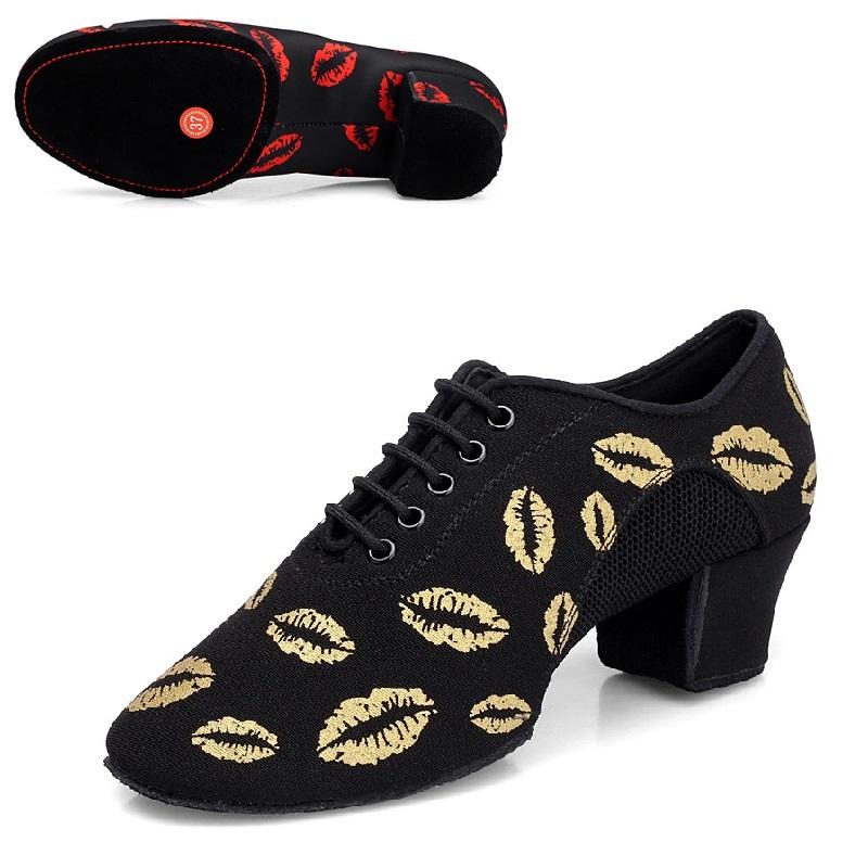 Lip Print Latin Dance Shoes Women Oxford NET Cha Cha Dance Shoes Ballroom Dancing Shoes Mesh Sneakers Canvas Square Shoe Woman