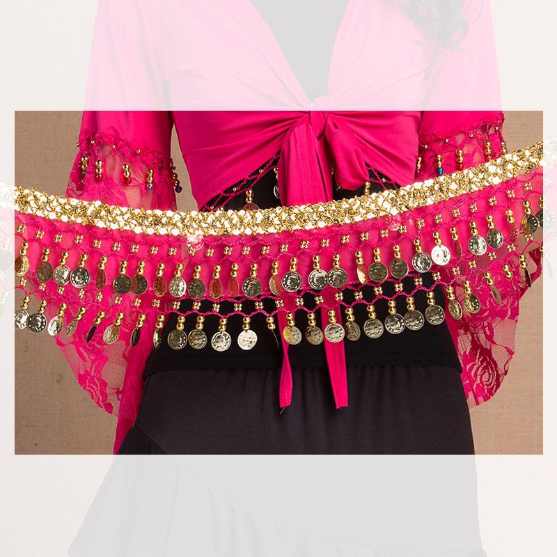 Gold-Edged Indian Dance Hip Scarf with Hanging Coins for Belly and Square Dance Performances