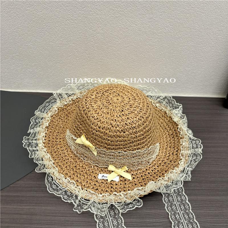 Sweet Mesh Lace-up Lace Streamer Straw Hat Women's Summer Seaside Vacation Wind Beach Hat Sunshade Children's Hat Parent-child