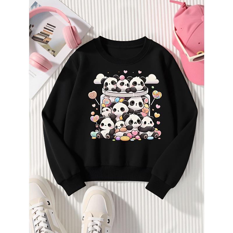 Kids Sweatshirt,Crew Neck Fashion Top, Fun "Cute Panda Candy Jar" Patterned Sweatshirt, for Everyday Casual Wear, for All Kinds of Daily Outfits