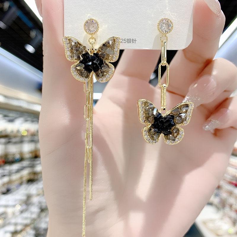 Advanced Design Asymmetrical Butterfly Tassel Earrings with Temperament and Personality AB Style Earrings and Earrings