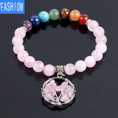 Indisches Yoga-Chakra-Armband mit natürlichen Rosenquarz-Kristallperlen, handgefertigter Lebensbaum-Energie-Schmuck