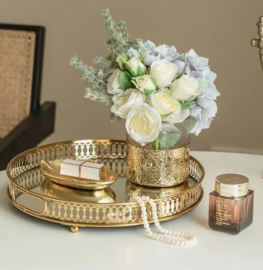 Gold Crystal Tray Decorative Storage Box Dessert Serving Plate Makeup Tray Jewelry Organizer for Home Living Room Bathroom Decor
