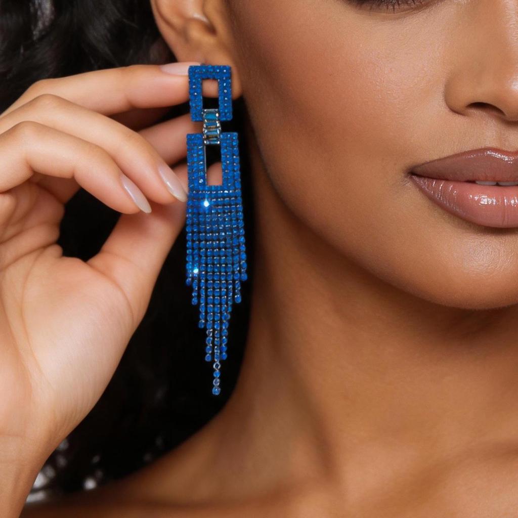 High-End Blue Rhinestone Tassel Dangle Earrings - Versatile European Street Style Design