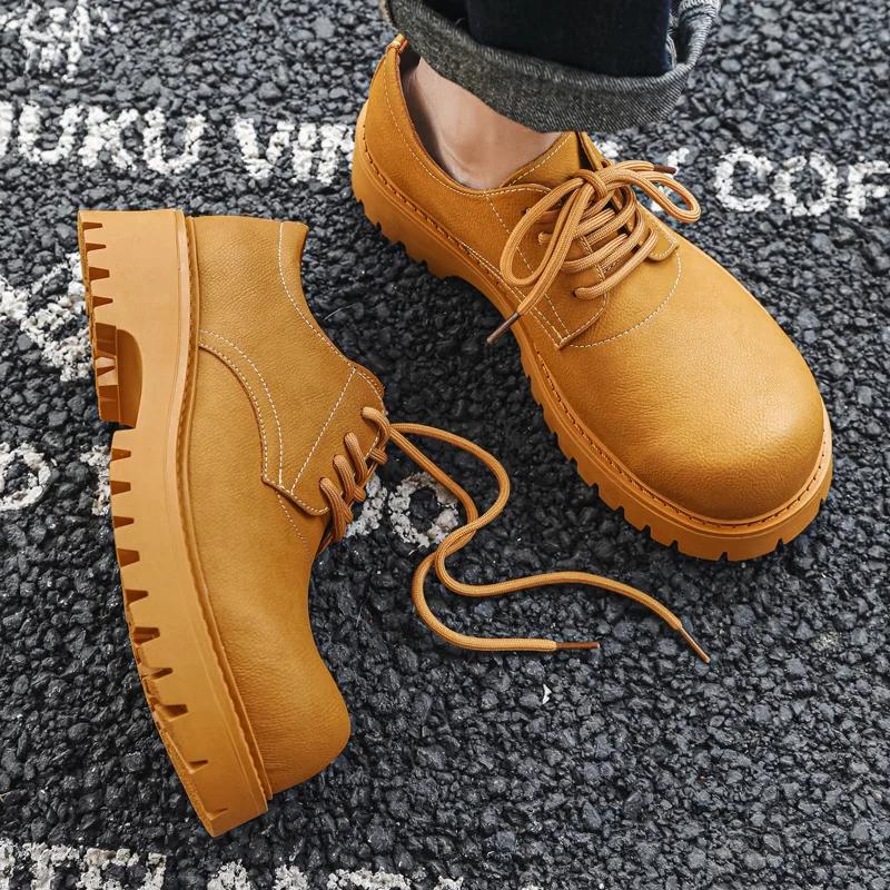 Fashion Men's Casual Leather Derby Shoes Trendy Youth Mens Lace-up Thick Sole Heightened Shoe 1026