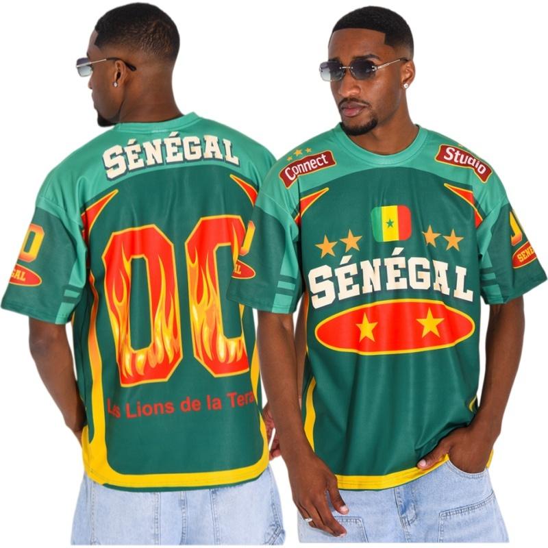 Men Senegal National Football Jersey Flag Print Short Sleeve T Shirt Fire Quick Dry Teranga Lions Fan Casual Sport Training Top