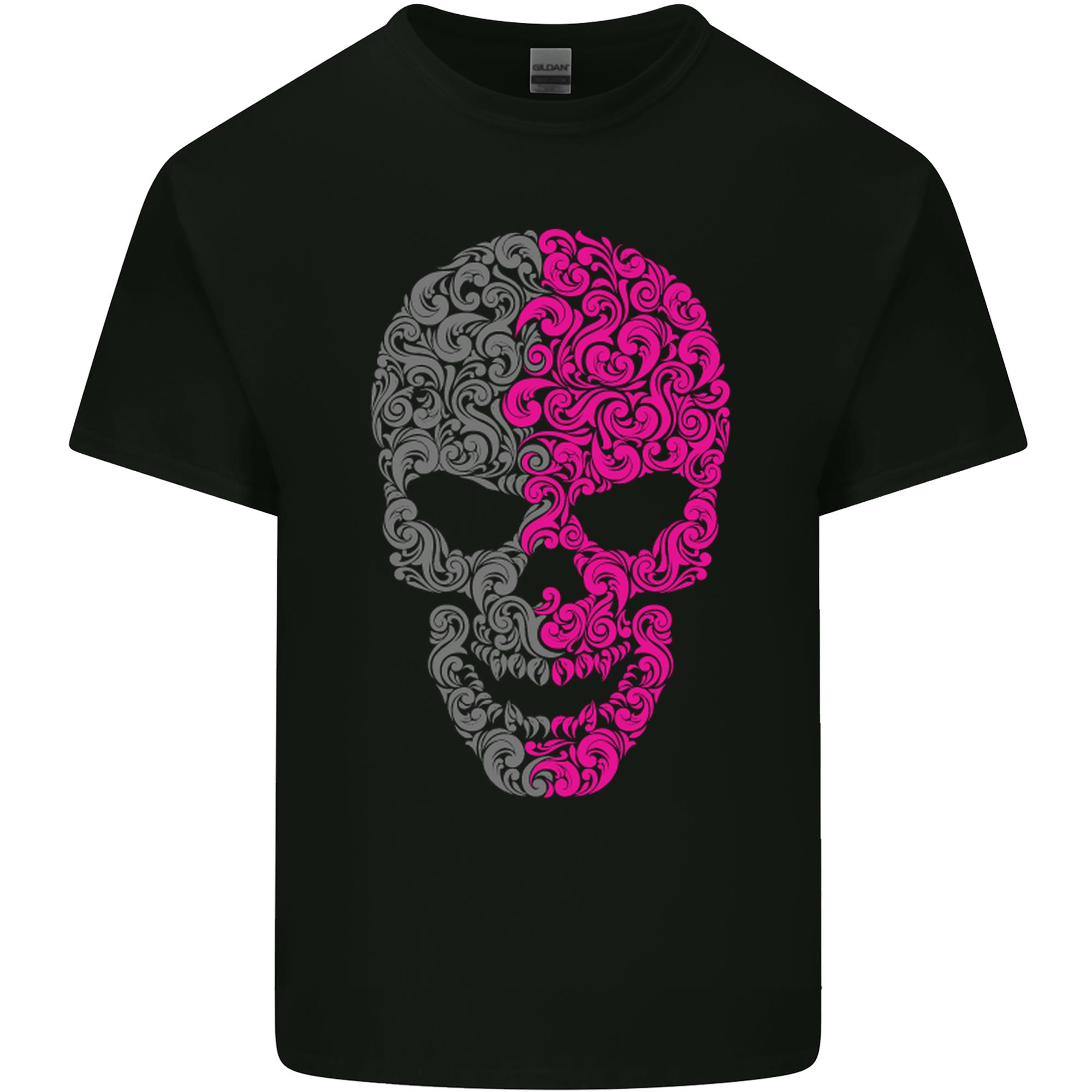 Pink and Grey Skull Pattern Gothic Biker Unisexs Light Cotton TShirt S