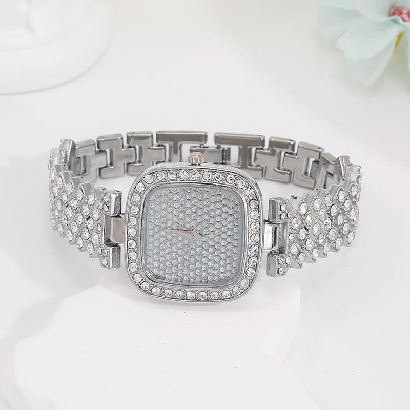 5PCS Luxury Personalized Girl Diamonds Silver Quartz Watch Women's Square Pendant Necklace Diamonds Earrings Ring Set for Girls
