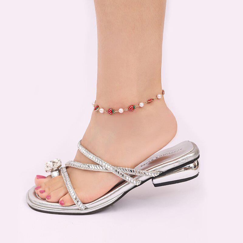 High-End Trendy Strawberry Bead Jewelry Set: Necklace, Anklet, Round Bead Bracelet