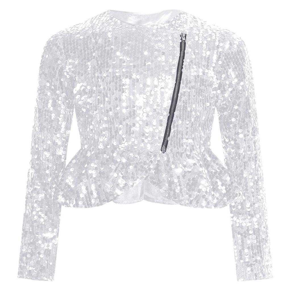 Mädchen Pailletten Strickjacke Oberteil Langarm Doppelreißverschluss Schößchen Design Cropped Jacke Geburtstagsparty Oberbekleidung