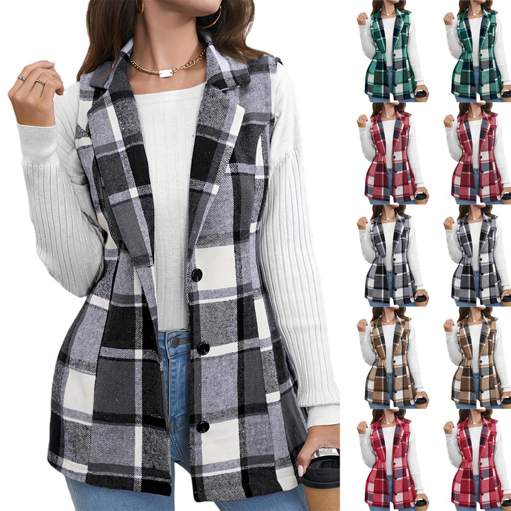Ladies' Plaid Fashion Women's Clothing Lapel Suit Vest Plaid Top Jacket