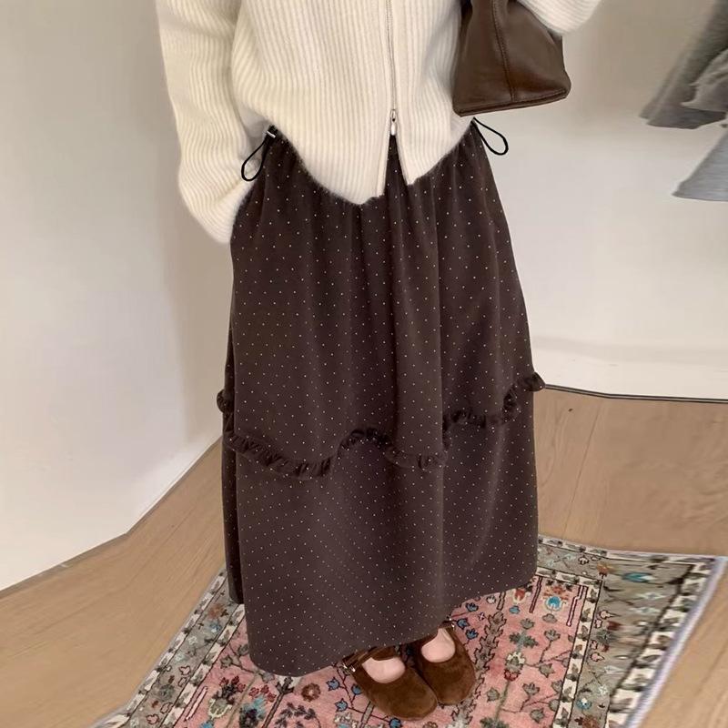 

2026 Korean Style Polka Dot Ruffle High-Waisted Skirt for Women - Autumn/Winter Collection M темно-сірий