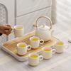 Modern Chinese Tea Set, 600ml Ceramic Beam Teapot with Stainless Steel Infuser and 6 Cups, Bamboo Handle Matte Teapots Hot Tea for Home Party