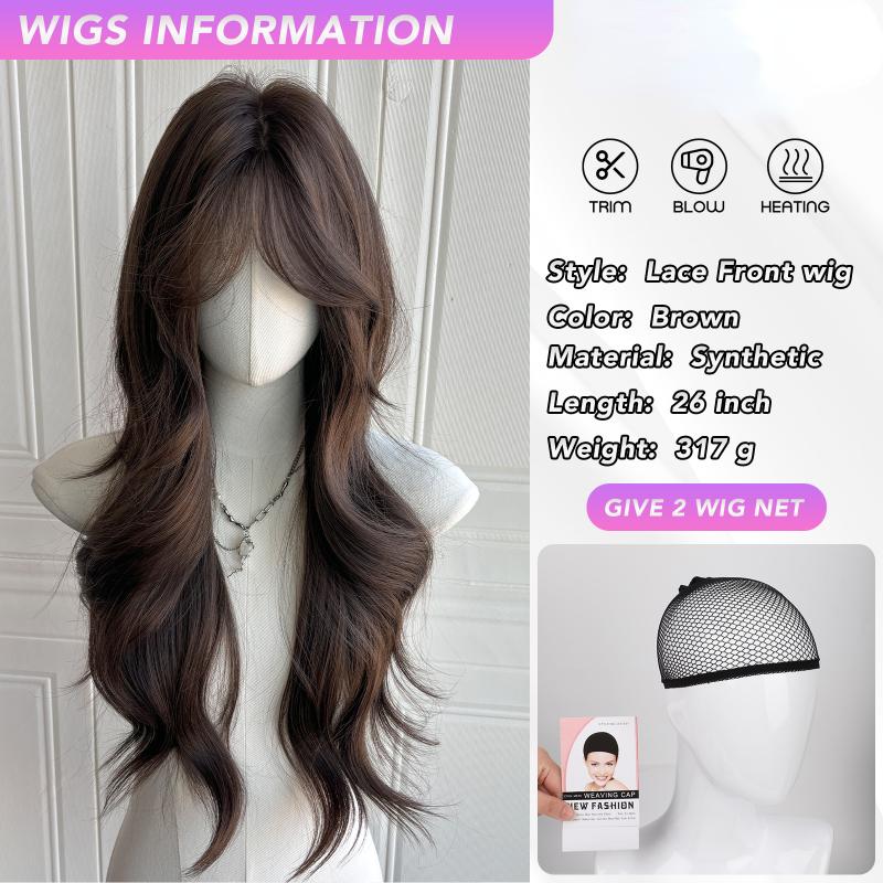 26 Inch Brown Front Lace Wigs Curly Wigs Fiber Synthetic Heat-resistant Natural Smooth Realistic Wigs Party For Women Korean Fashion