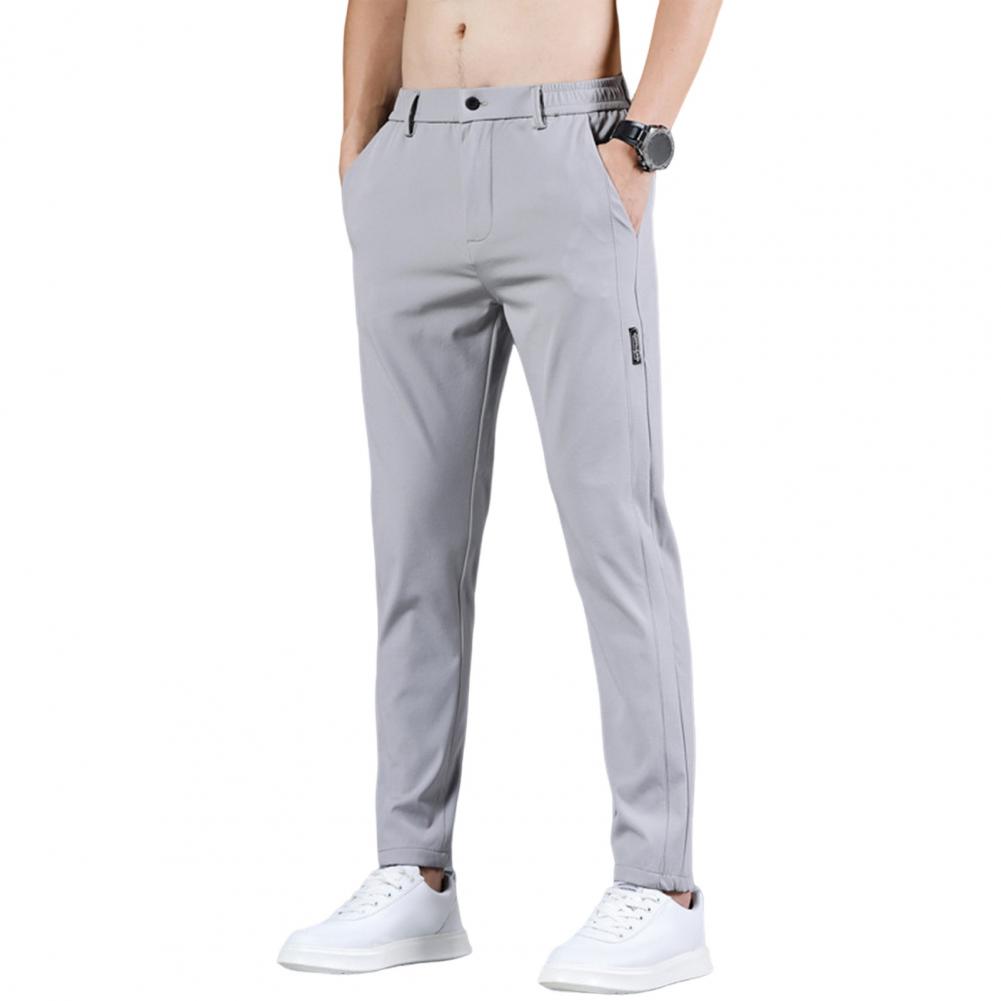 

Мужские брюки Ice Silk с эластичной талией, однотонные, с застежкой-молнией на пуговицы, облегающие, тонкие, длиной до щиколотки, спортивные брюки, повседневные, длинные, футболка 30 светло-серый