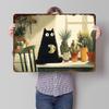 Black Cat With Coffee and Houseplants Printed Poster Customized Wall Art Retro Vintage Metal Tin Signs for Bedroom Decorations