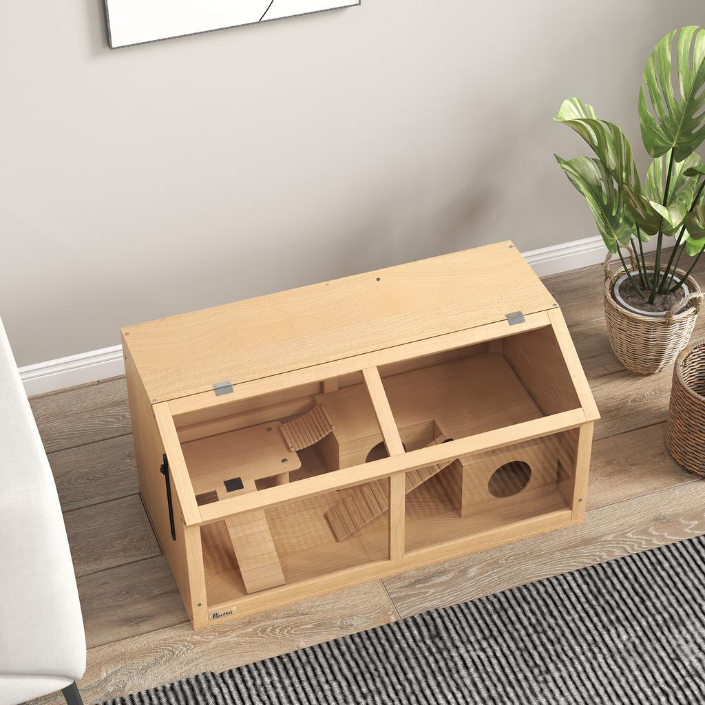 Hamster Cage, Wooden Small Animal Cage for Gerbils, Mice W/ Suspension Bridge, Openable Top, Hut, 85 X 45 X 44cm Nature
