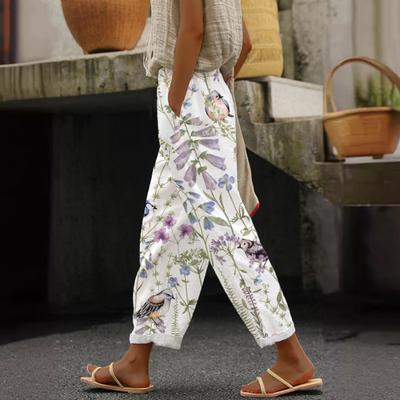 Women Casual Pants Elastic Waist Drawstring Harem Pants Digital Floral Print Beach Office Shopping Daily Long Trousers
