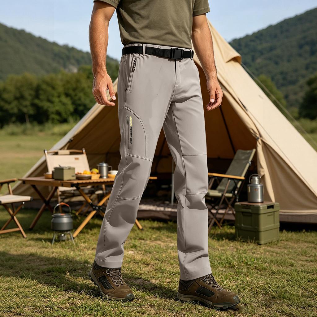 Men's Outdoor Hiking Windproof Breathable Quick Dry Softshell Pants with Adjustable Belt for Trekking Camping and Climbing