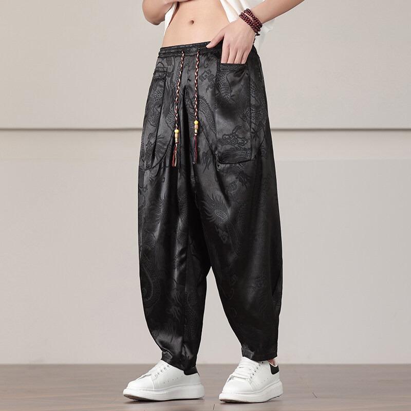 Mens Chinese Dragon Jacquard Drawstring Waist Loose Harem Pants