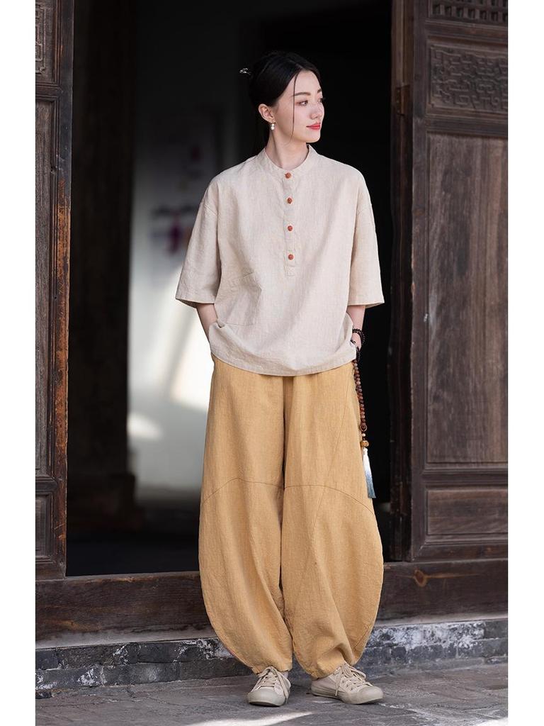 Women's Retro Ramie Sand-Washed Distressed Loose Lantern Pants for Meditation and Tai Chi