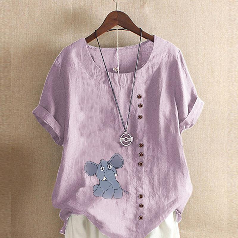 Women's Fashion Elephant Prined Round Neck Short Sleeve T-shirt Casual Cotton Linen Graphic Shirt Leisure Loose Summer Blouse Tops