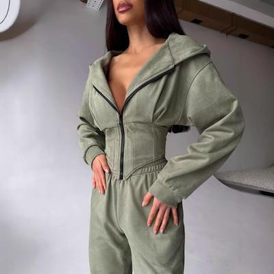 Damen Unifarbener Gerüschter Langarm Hoodie Hose Set Sportlich Lässig Lange Hose Zweiteiliges Set für Damen